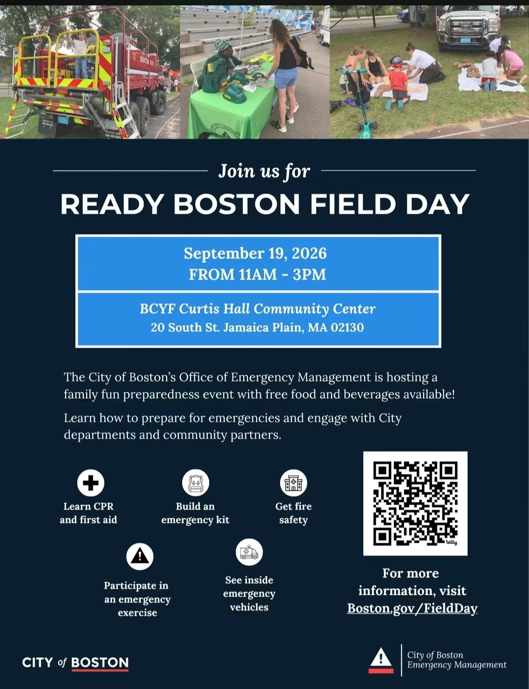 Flyer for Ready Boston Field Day, September 19, 2026, 11 AM to 3 PM at BCYF Curtis Hall Community Center, Jamaica Plain, hosted by the City of Boston Office of Emergency Management